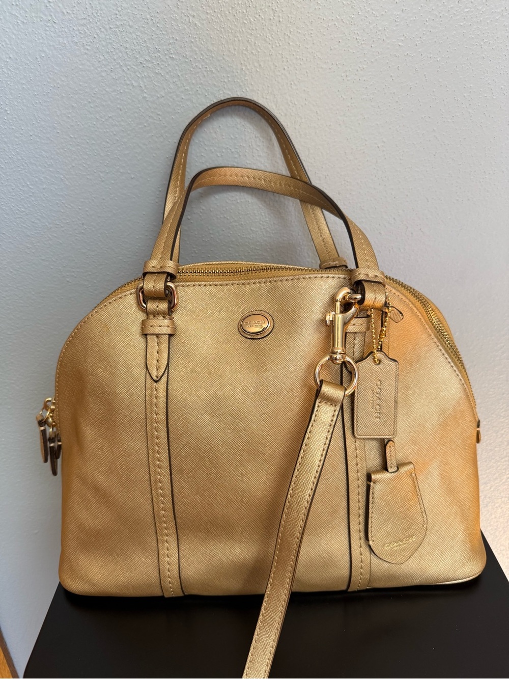 Coach Peyton Leather Cora Domed Satchel in metallic gold with saffiano leather